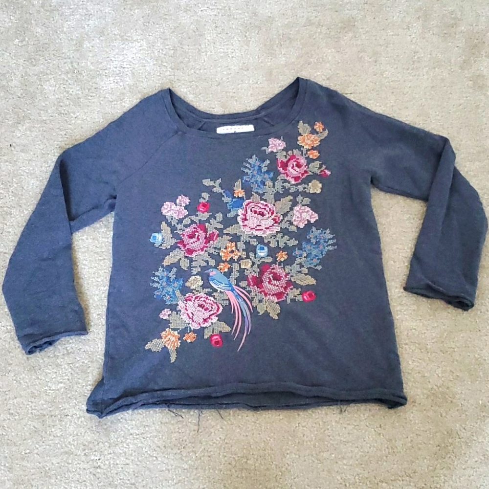 Johnny Was Gray French Terry Embroidered Sweater
